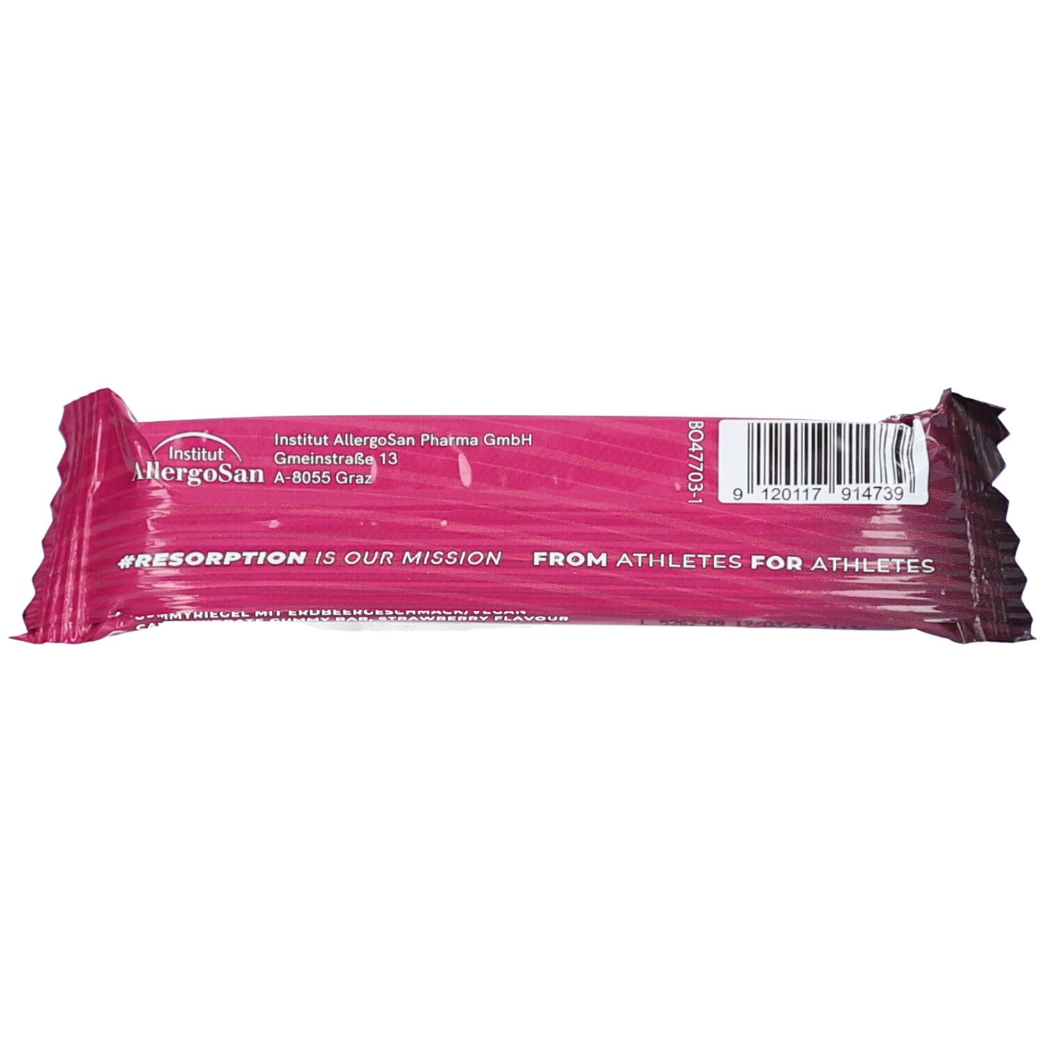 Rückseite der Riegelverpackung. Rosa mit weißer Schrift. Barcode und Firmenlogo. Text: #RESORPTION IS OUR MISSION.