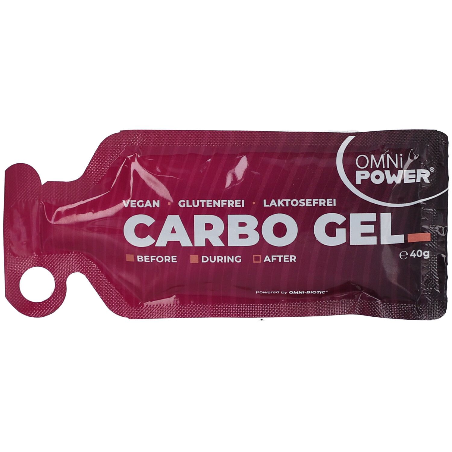 Beutel OMNi-POWER Carbo Gel, geschmacksneutral. Vegan, glutenfrei, laktosefrei. Text: CARBO GEL, e 40g.