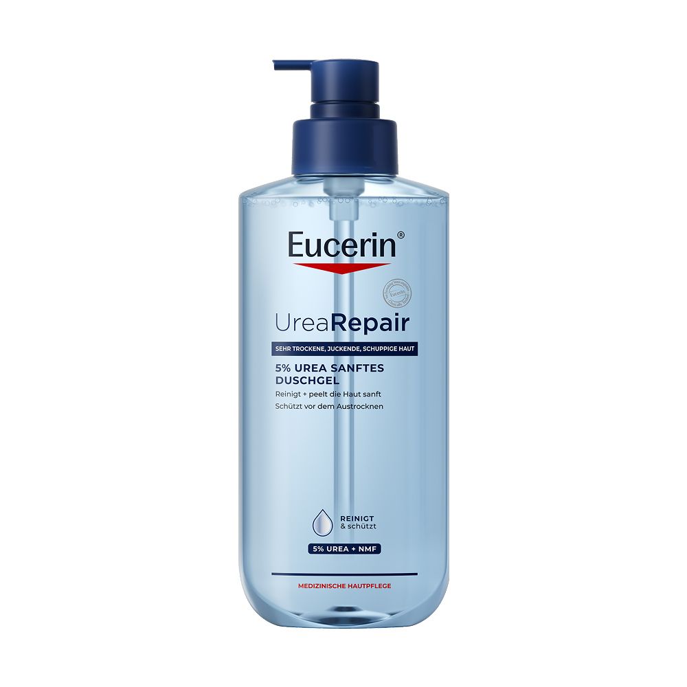 Eucerin UreaRepair 5% Urea Sanftes Duschgel in einer transparenten Flasche mit Pumpspender.