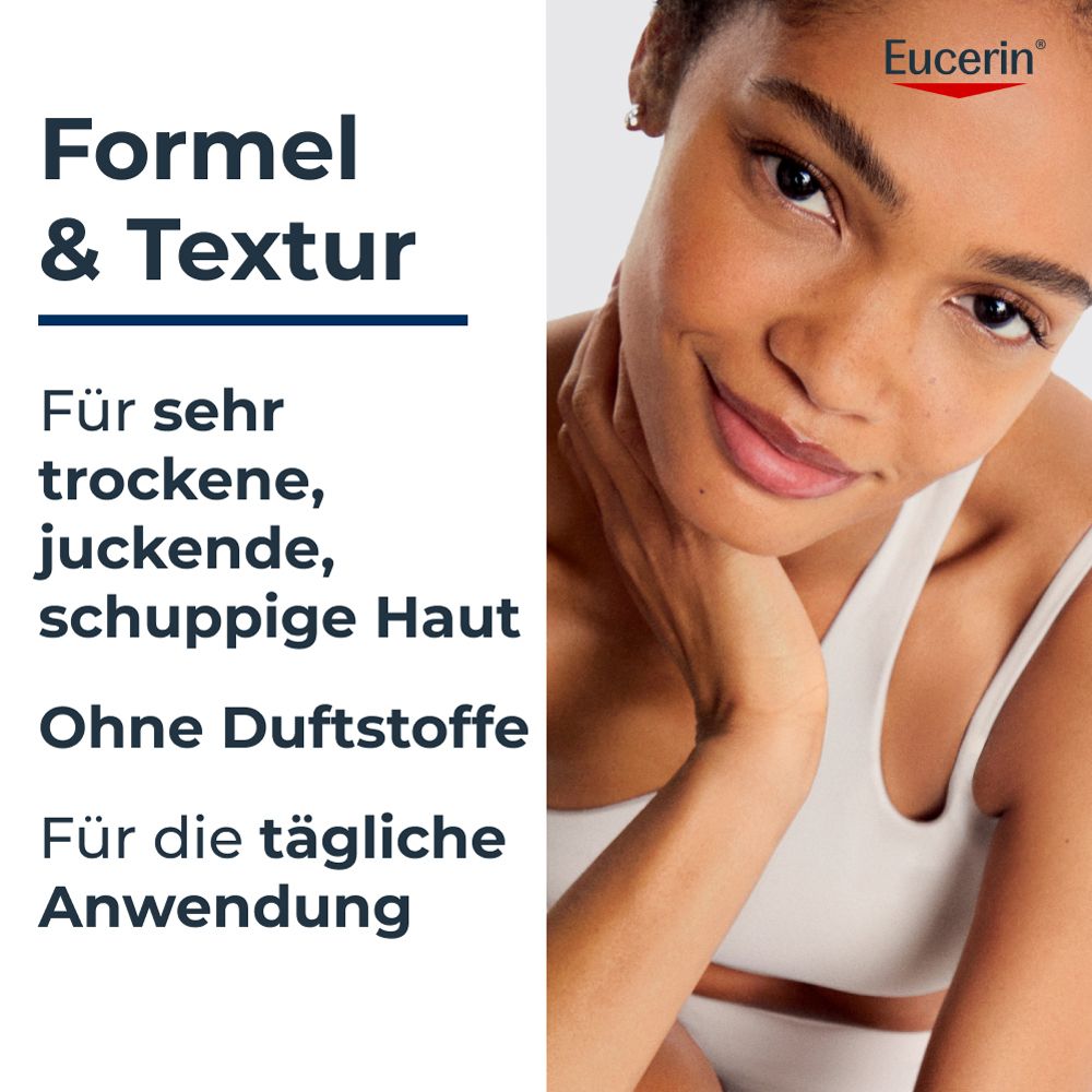 Frau mit trockener Haut, Eucerin UreaRepair Formel & Textur, ohne Duftstoffe, für tägliche Anwendung.