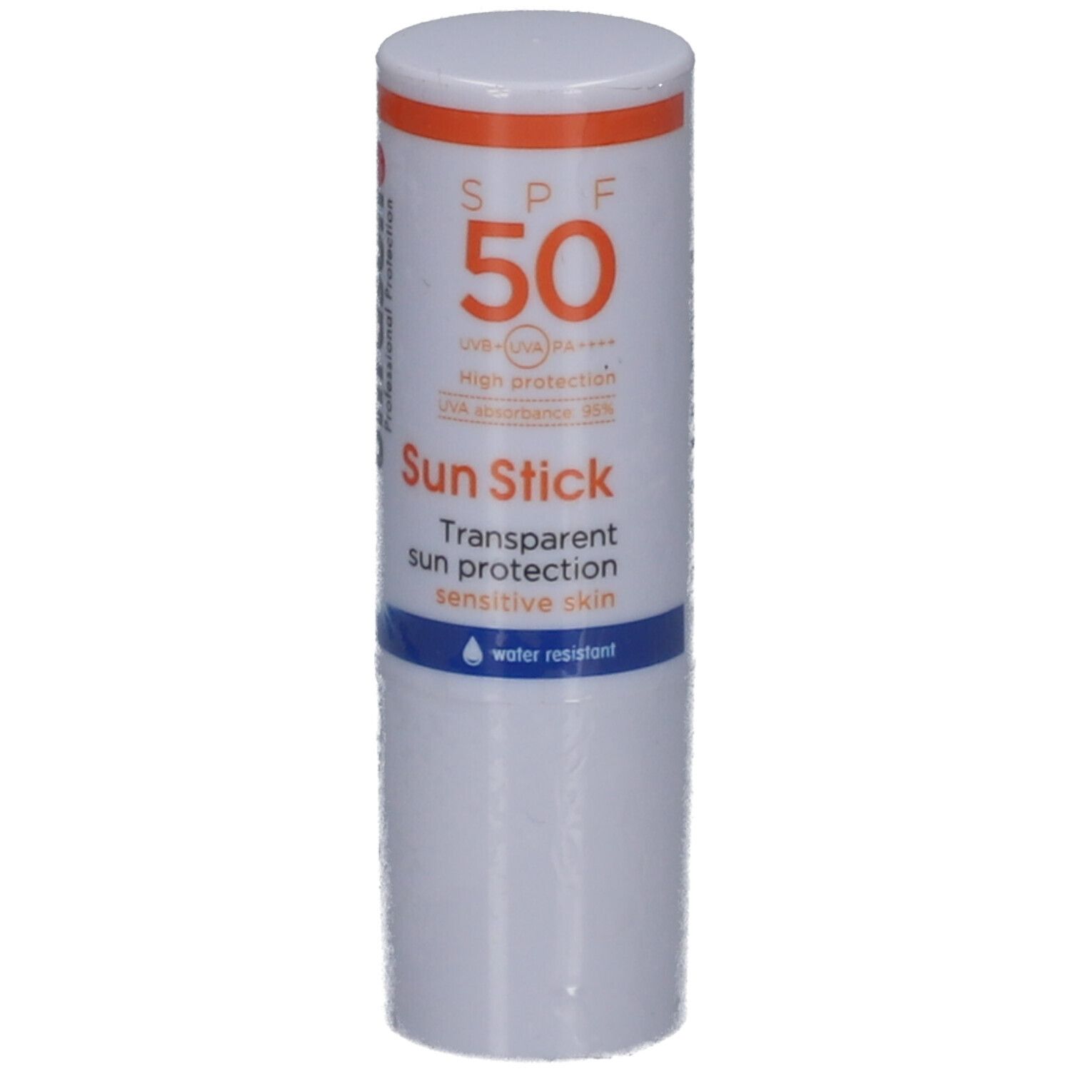 Stick solaire blanc avec bouchon orange. Texte : SPF 50, Sun Stick, protection solaire transparente pour peaux sensibles. Résistant à l'eau.