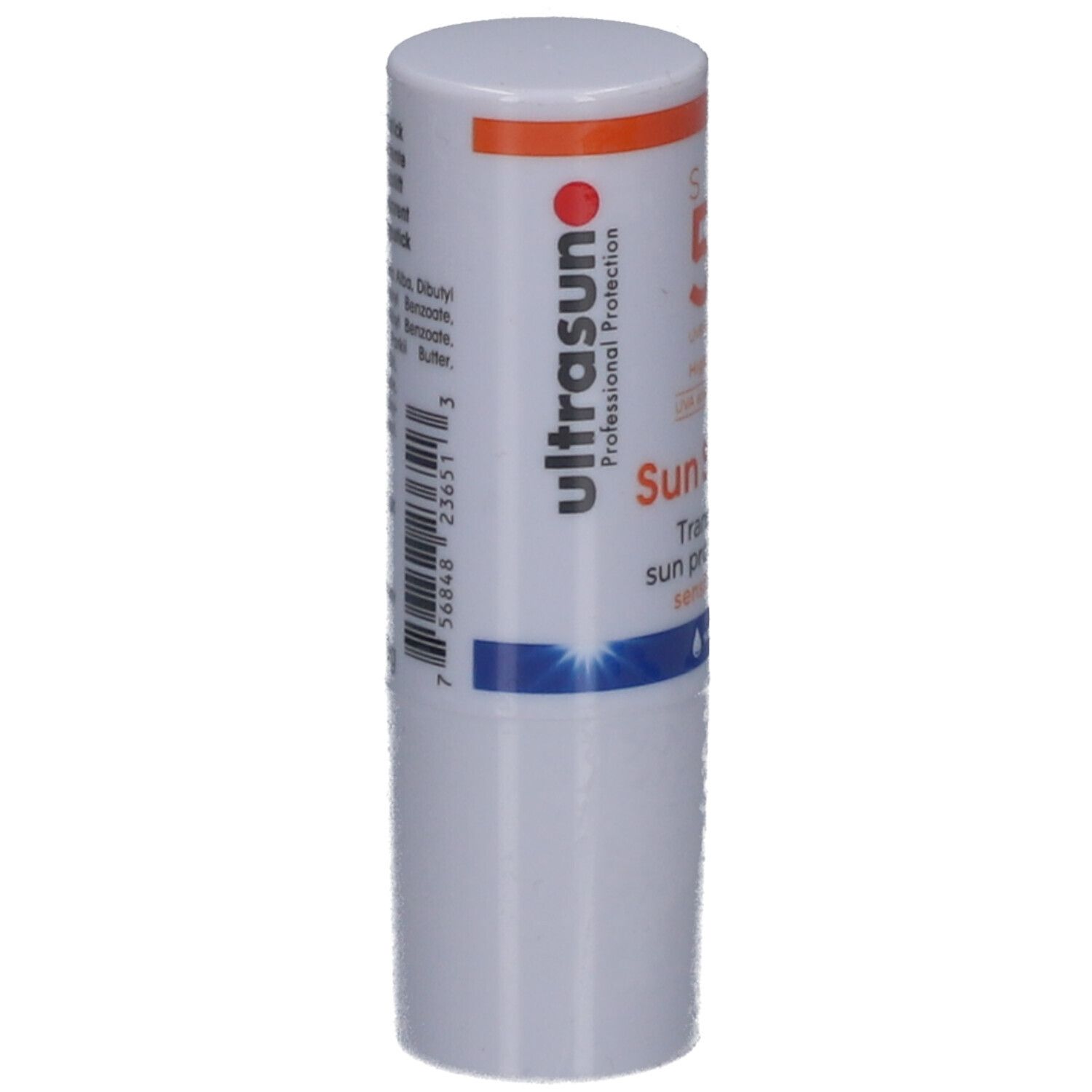 Stick solaire blanc avec bouchon orange. Texte : Ultrasun, Professional Protection, Sun Stick, protection solaire transparente.