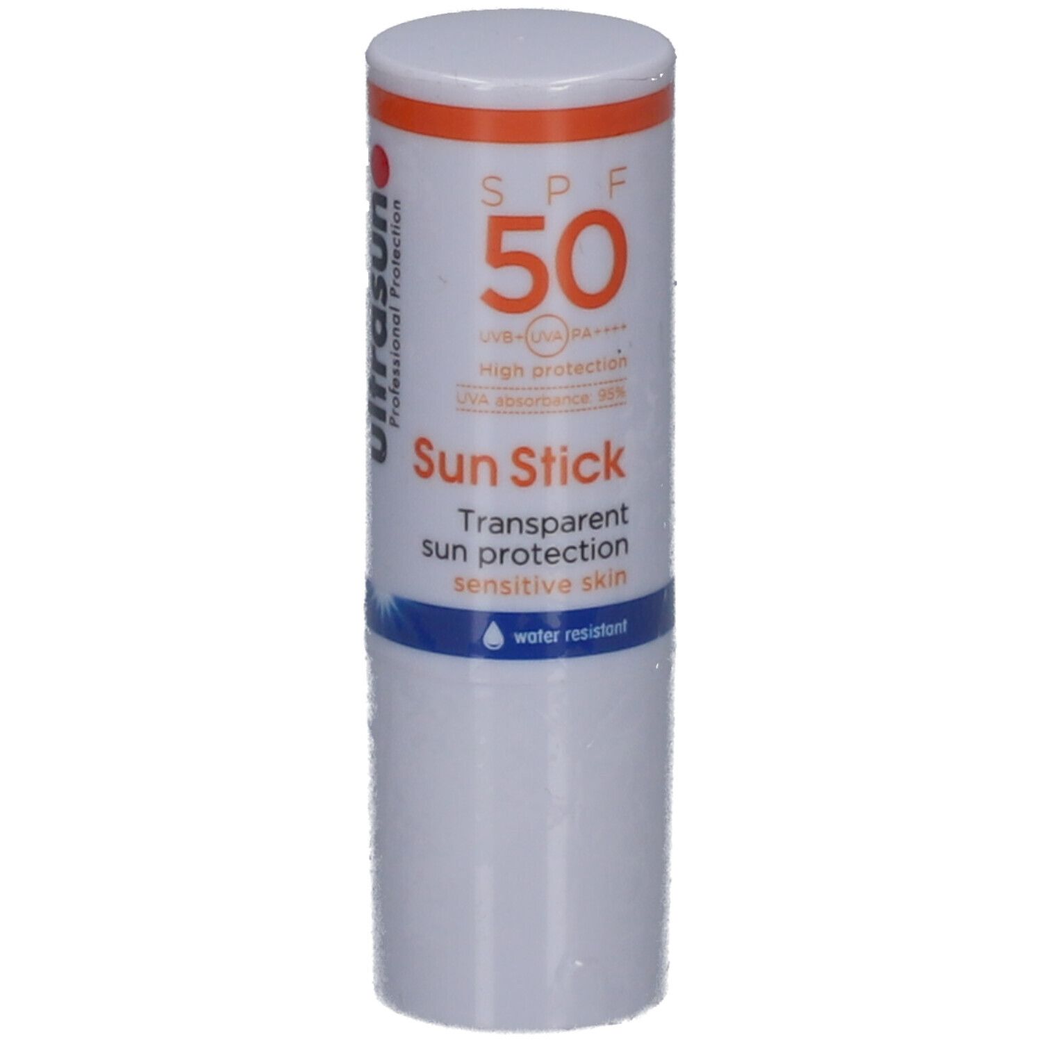 Stick solaire blanc avec bouchon orange. Texte : SPF 50, Sun Stick, protection solaire transparente pour peaux sensibles. Résistant à l'eau.