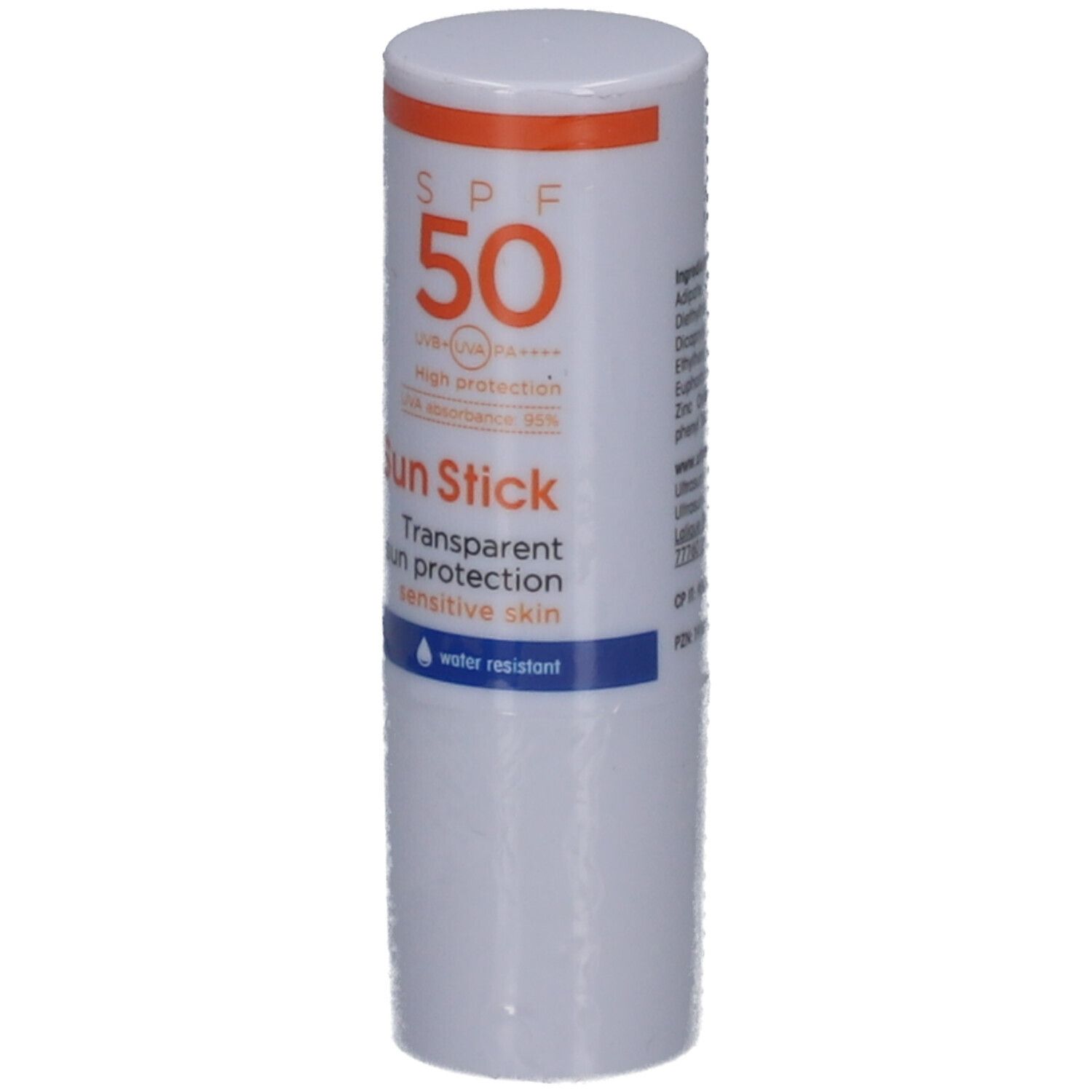 Stick solaire blanc avec bouchon orange. Texte : SPF 50, Sun Stick, protection solaire transparente pour peaux sensibles. Résistant à l'eau.