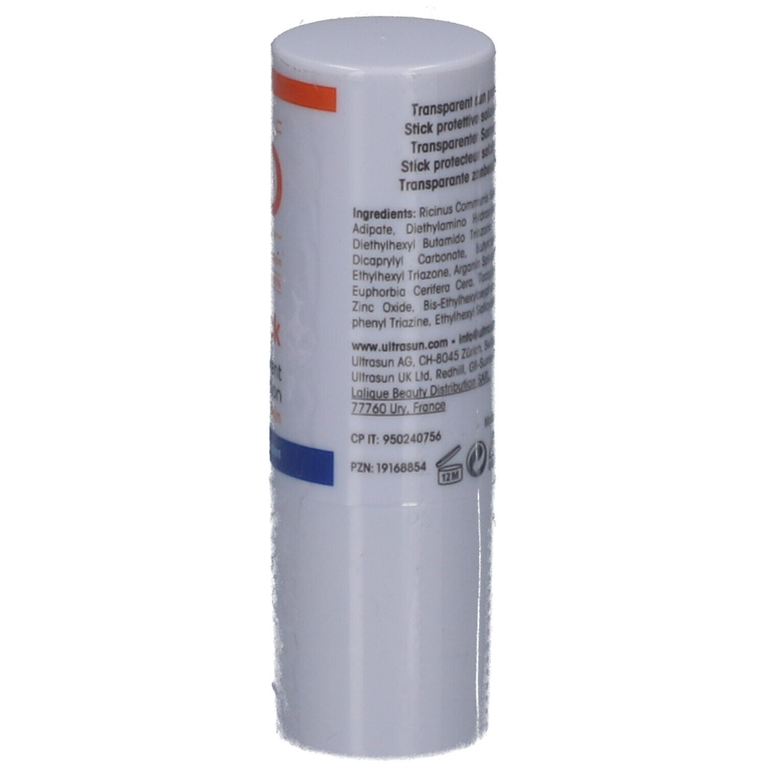 Stick solaire blanc avec textes et logos. Contient les ingrédients, les informations du fabricant et le numéro PZN. Fabriqué en France.