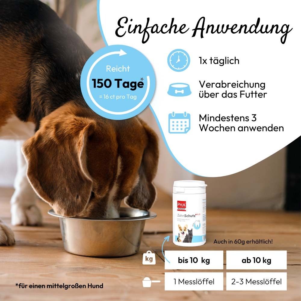 Hund isst aus Napf. Produktglas daneben. Text: Einfache Anwendung. 150 Tage. Dosierung.