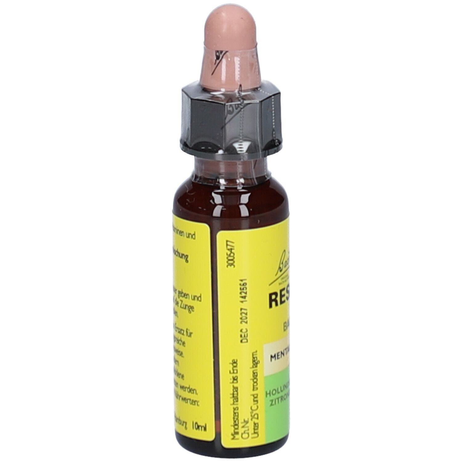 Flacon en verre brun avec compte-gouttes. Étiquette jaune avec texte. Nom du produit non visible. Flacon compte-gouttes.