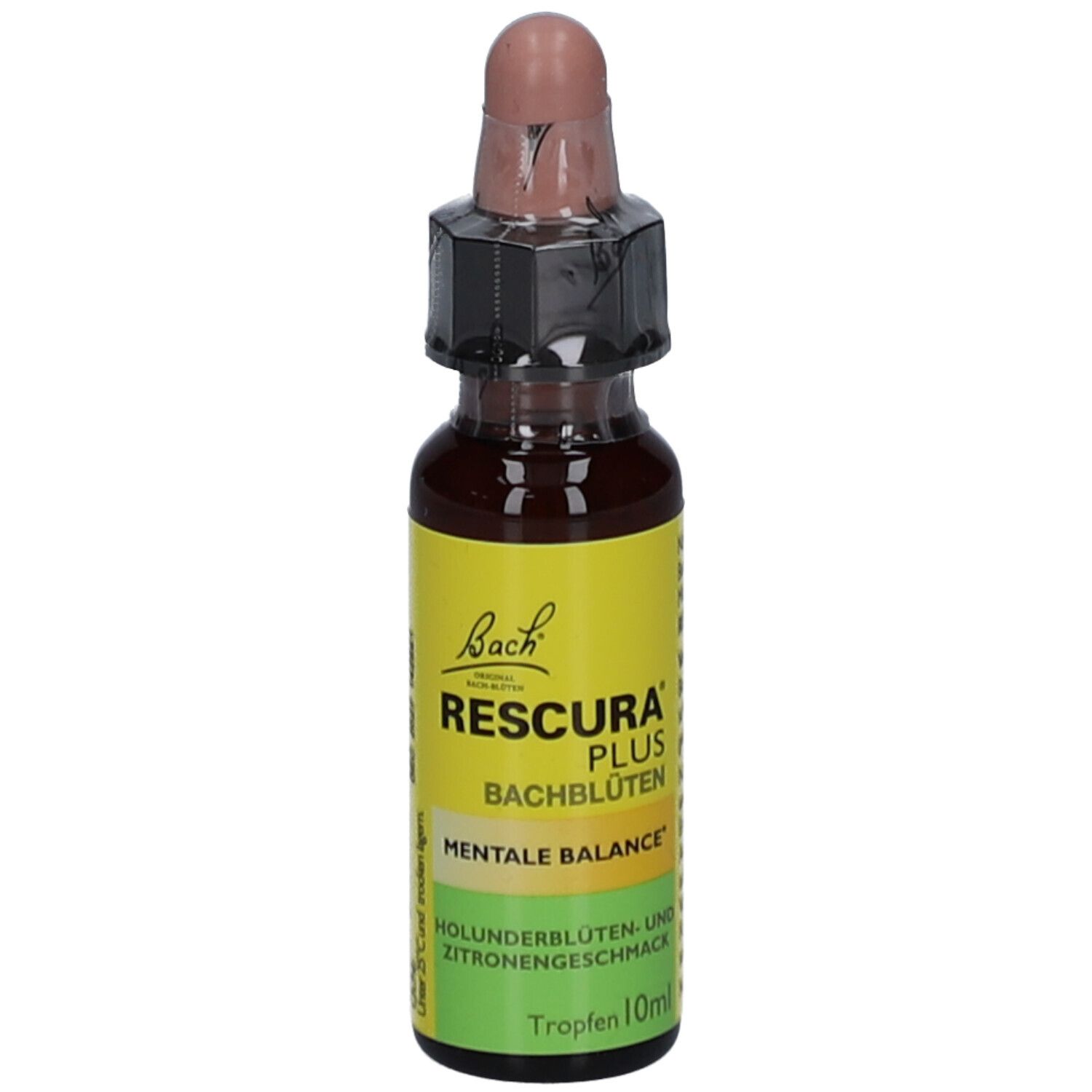 Flacon en verre brun avec compte-gouttes. Étiquette jaune avec texte. Nom du produit non visible. Flacon compte-gouttes.