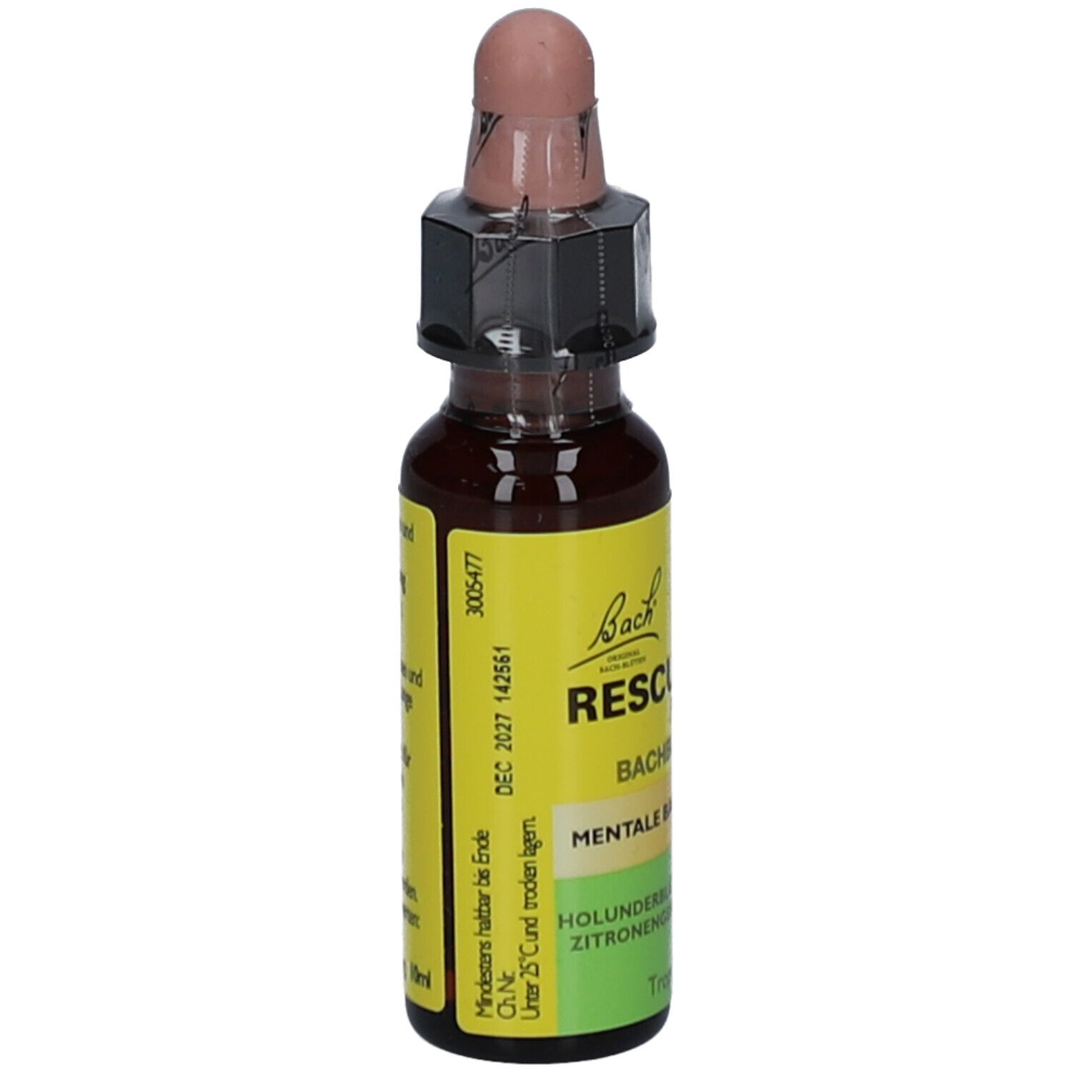 Flacon en verre brun avec compte-gouttes. Étiquette jaune avec texte. Nom du produit non visible. Flacon compte-gouttes.