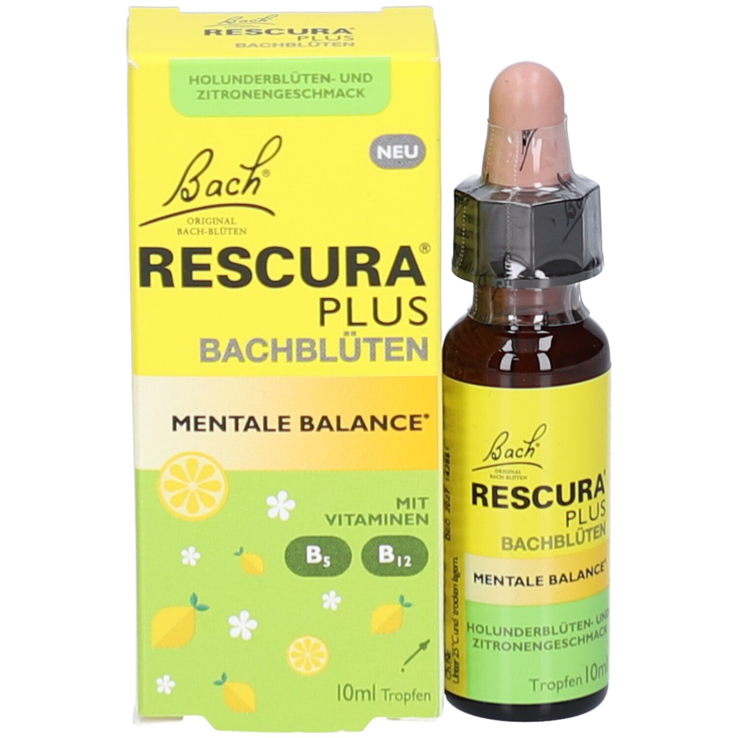 Emballage du produit avec flacon. Boîte jaune avec nom et logo du produit. Flacon avec compte-gouttes.