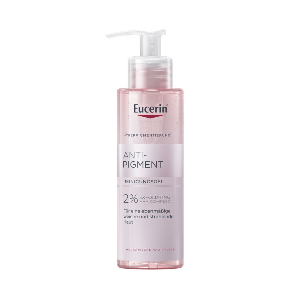 Eucerin Anti-Pigment Gel Nettoyant. Flacon rose avec pompe. Texte : Anti-Pigment, 2% AHA Complex.