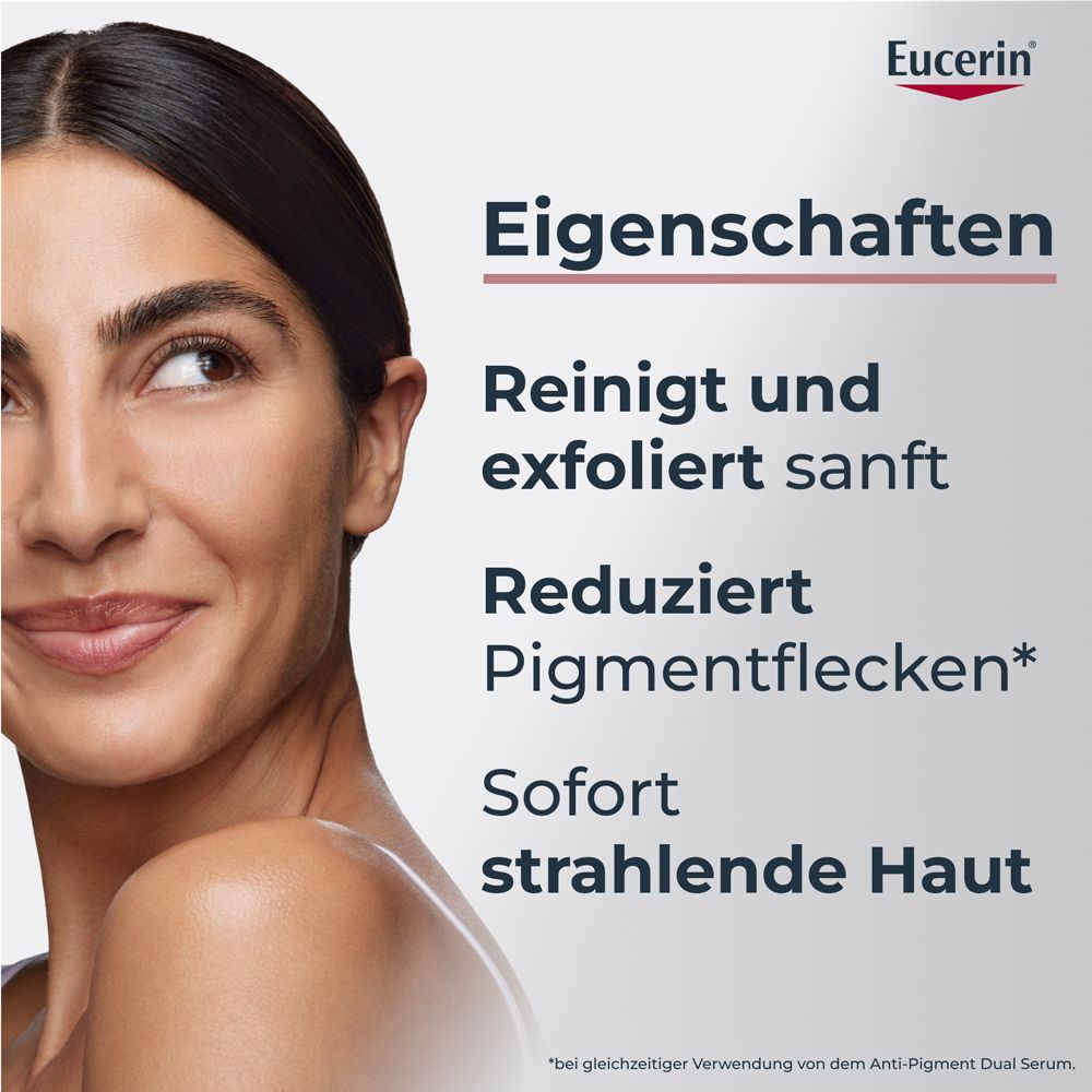 Femme avec peau. Texte : Nettoie et exfolie en douceur, réduit les taches pigmentaires, peau éclatante. Logo Eucerin.