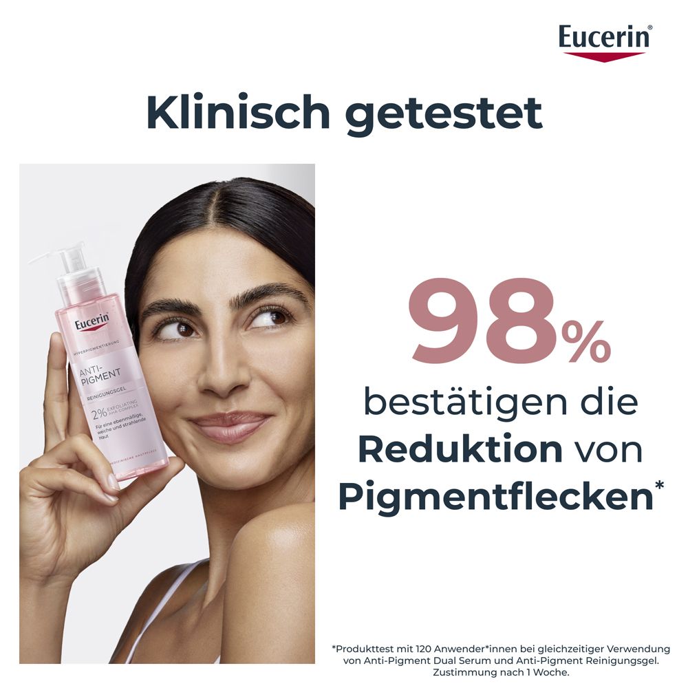 Femme avec produit. Texte : 98% confirment la réduction des taches pigmentaires. Eucerin Anti-Pigment Gel Nettoyant.
