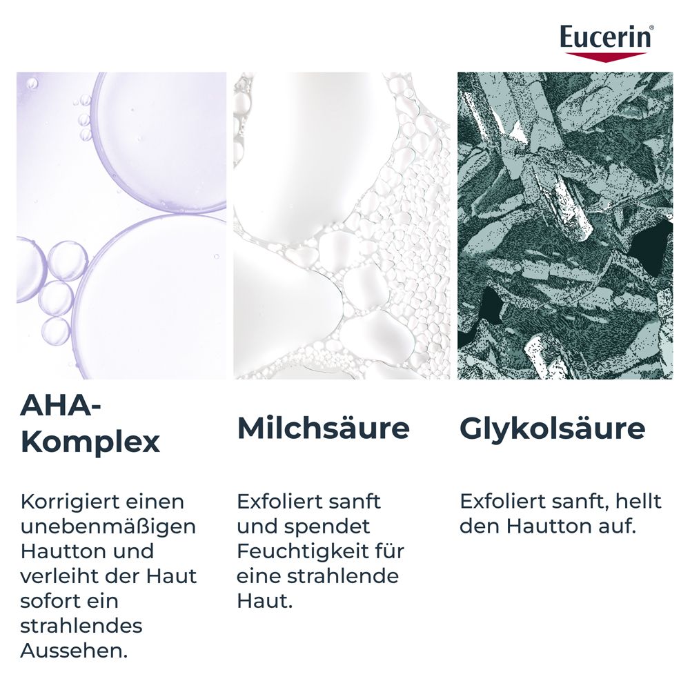 Trois illustrations. Complexe AHA, acide lactique, acide glycolique. Texte décrit l'effet sur la peau.