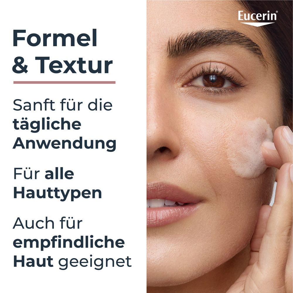 Femme avec peau. Texte : Doux pour l'utilisation quotidienne, pour tous types de peau, convient aux peaux sensibles.
