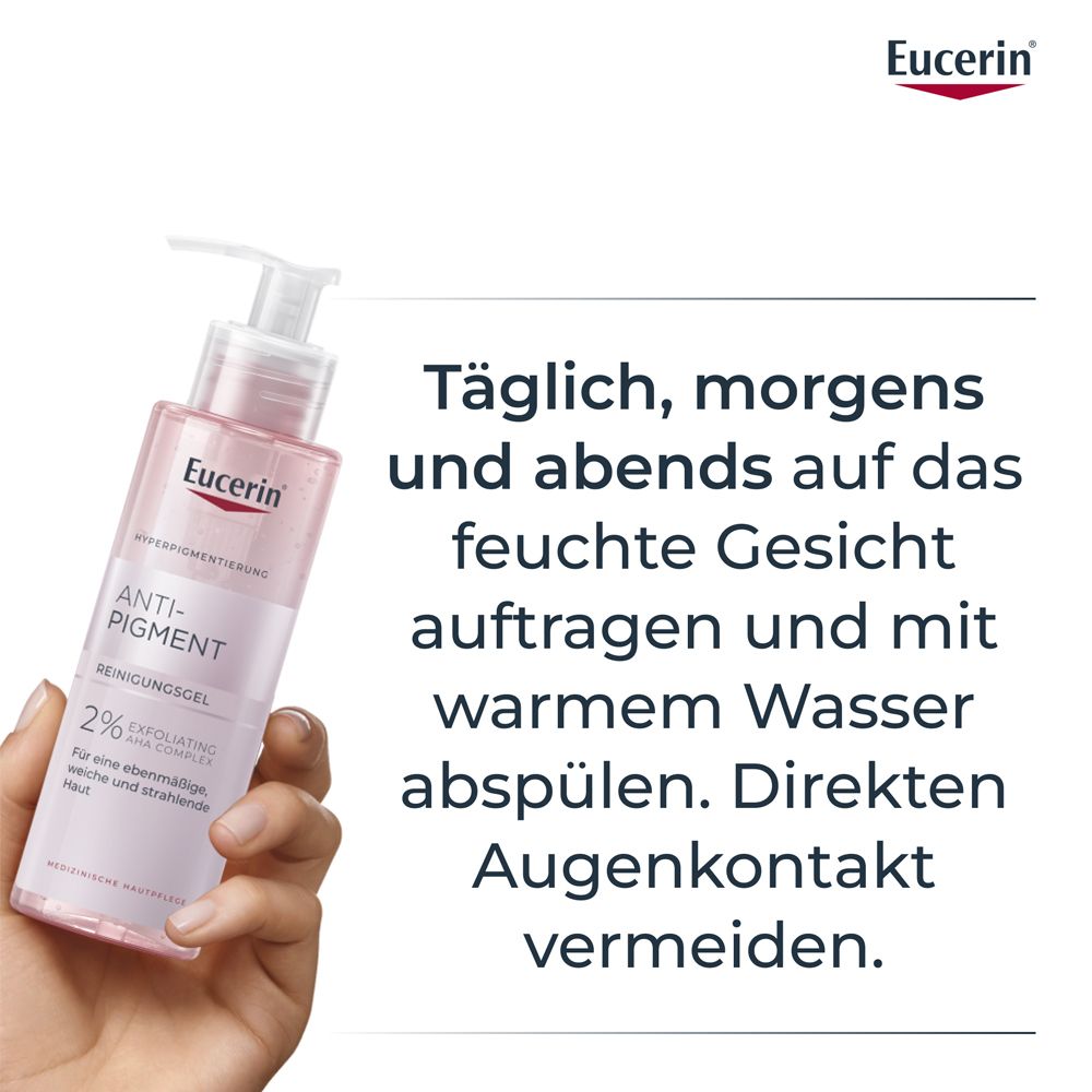 Main tenant un flacon. Texte : Appliquer matin et soir sur le visage humide et rincer.