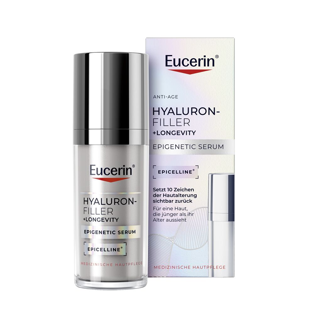 Eucerin Hyaluron-Filler Epigenetic Serum Flakon und Faltschachtel.