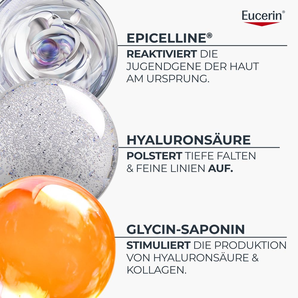 Drei Textfelder mit Inhaltsstoffen: Epicelline, Hyaluronsäure, Glycine Saponin.