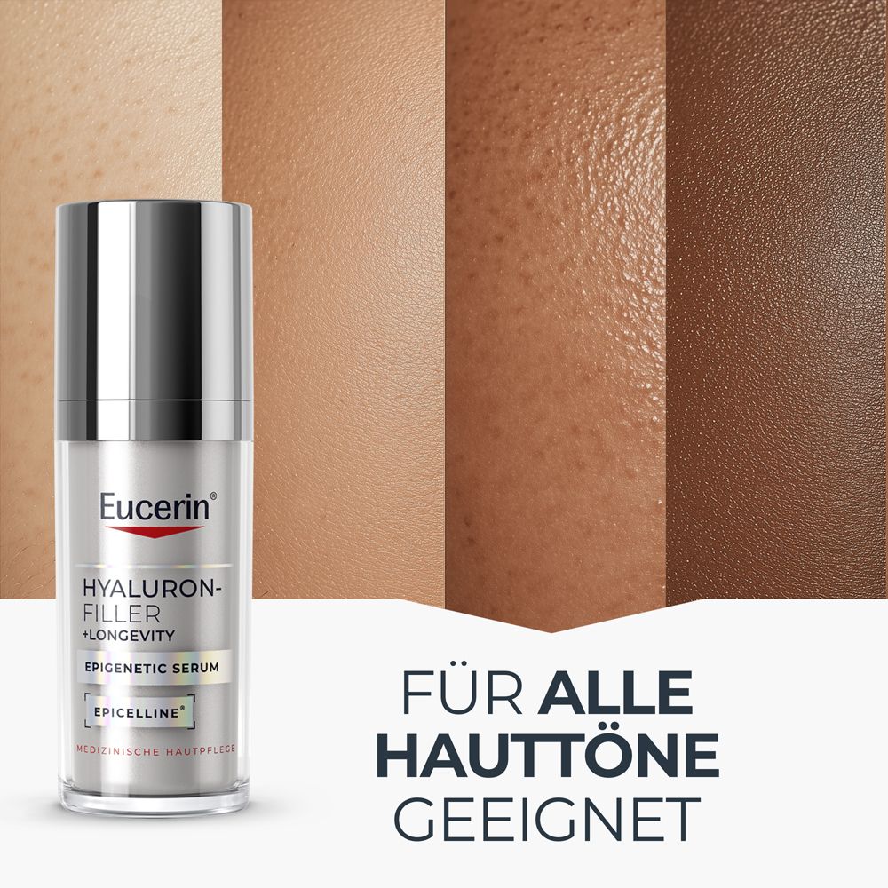 Drei Eucerin Produkte: Epigenetic Serum, Tagespflege LSF 30, Augenpflege.