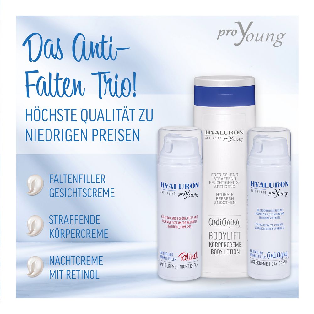Produits. Inscription: HYALURON Anti Aging proYoung. Crème visage, corps, nuit.
