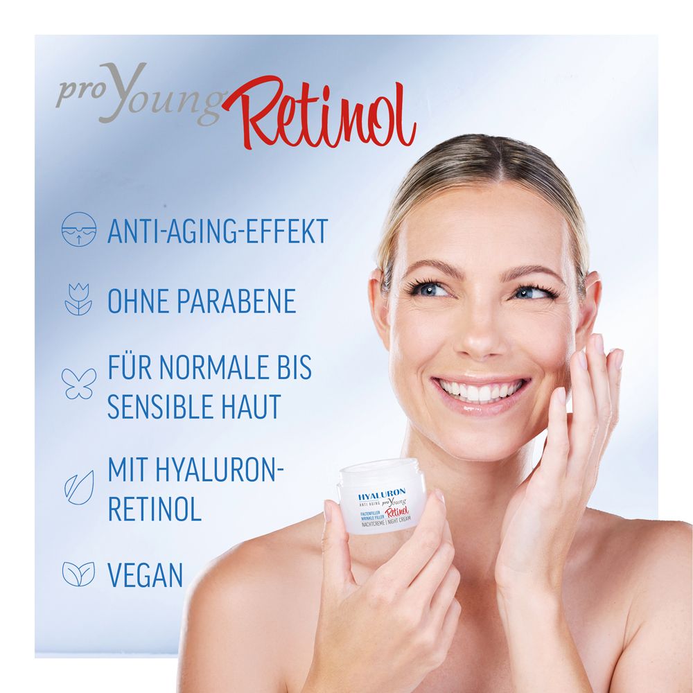 Femme tenant un pot de HYALURON proYoung Retinol. Texte : Effet anti-âge, sans parabènes, peaux normales à sensibles, vegan.