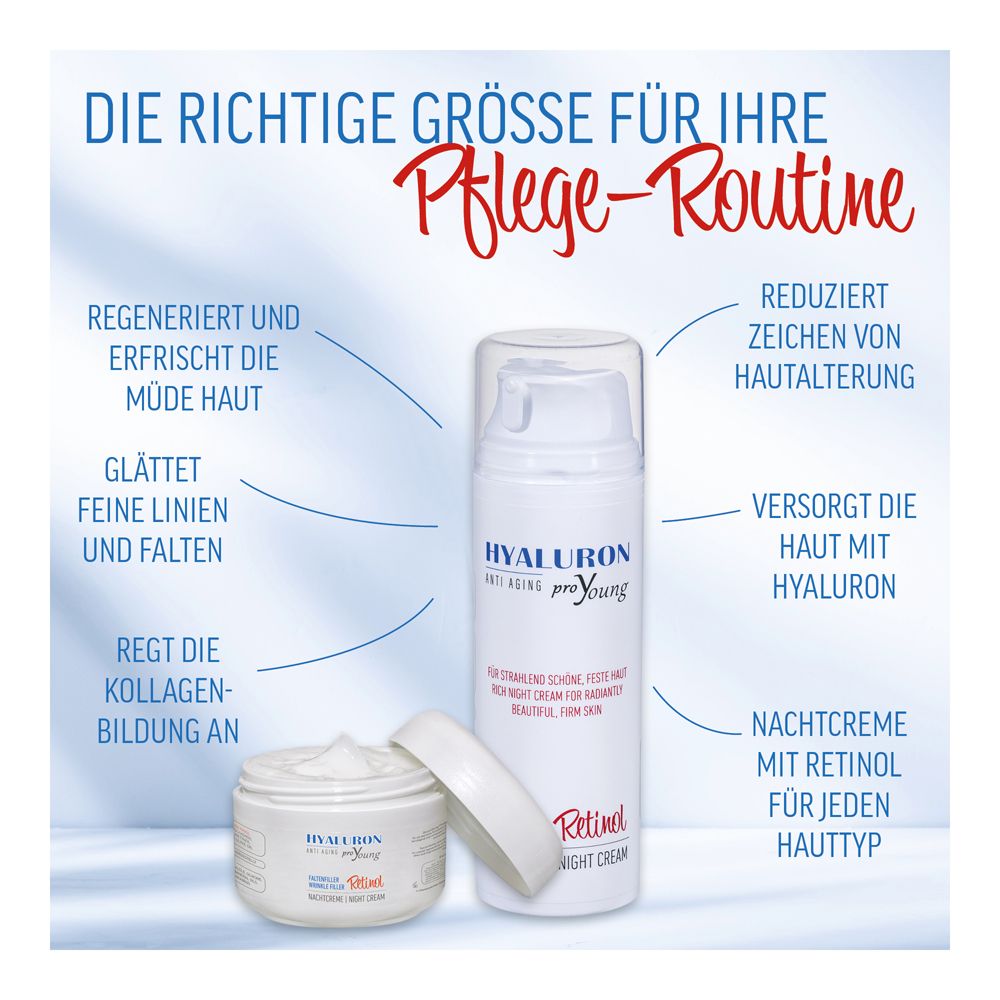 Deux pots et flacon HYALURON proYoung Retinol. Texte : Régénère, rafraîchit, lisse, stimule la production de collagène, réduit les signes.
