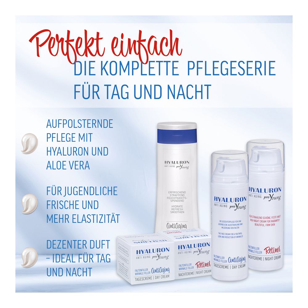 Différents produits HYALURON proYoung. Texte : Soin repulpant, fraîcheur, parfum discret. Certification.