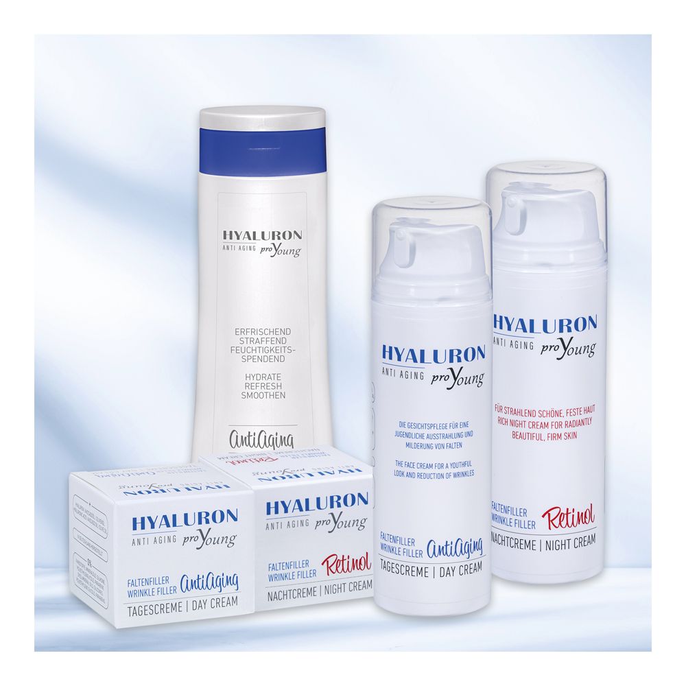 Différents produits HYALURON proYoung. Texte : Anti-âge, crème de jour, crème de nuit. Certification.