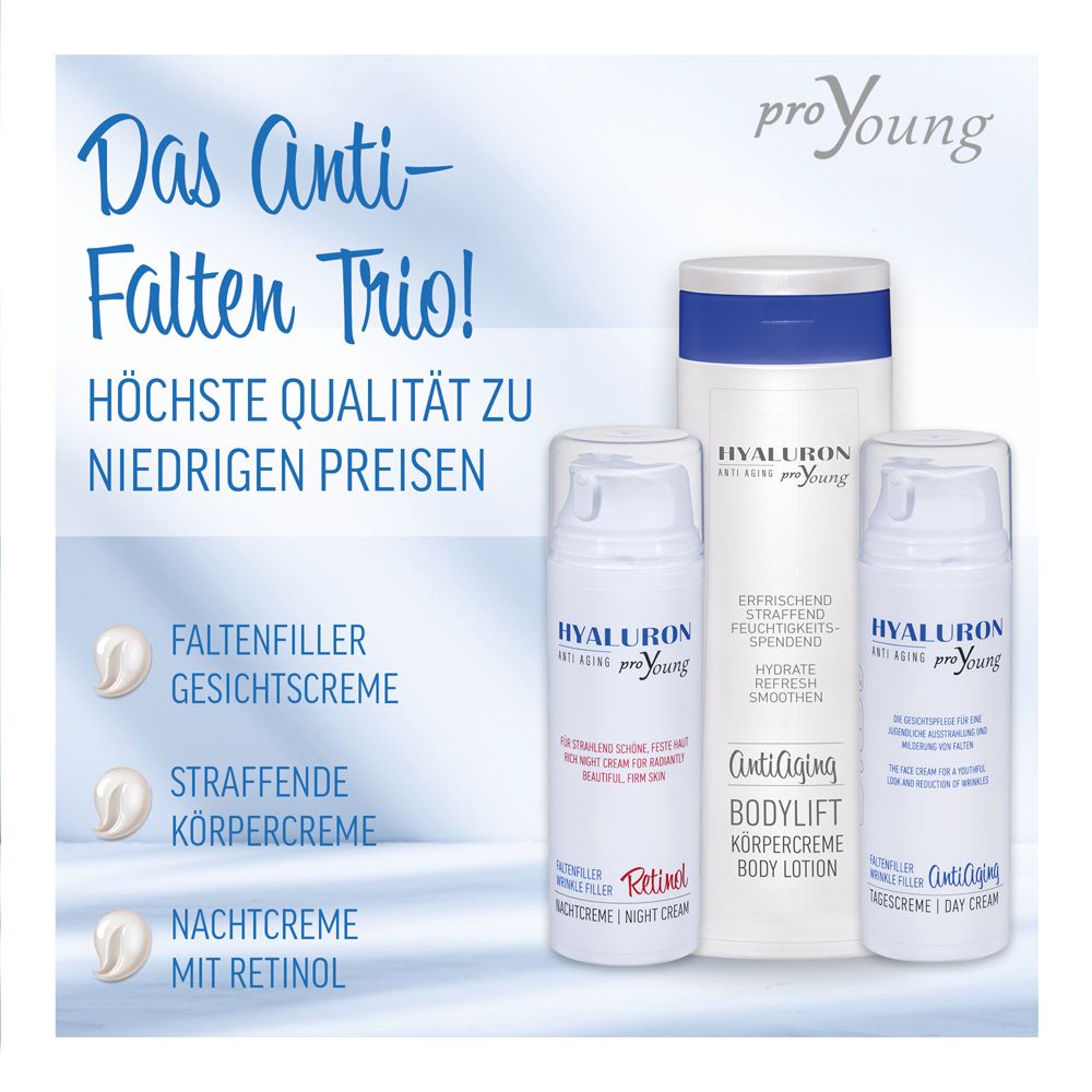 Différents produits HYALURON proYoung. Texte : Trio anti-rides, combleur de rides, crème corps raffermissante, crème de nuit au rétinol.