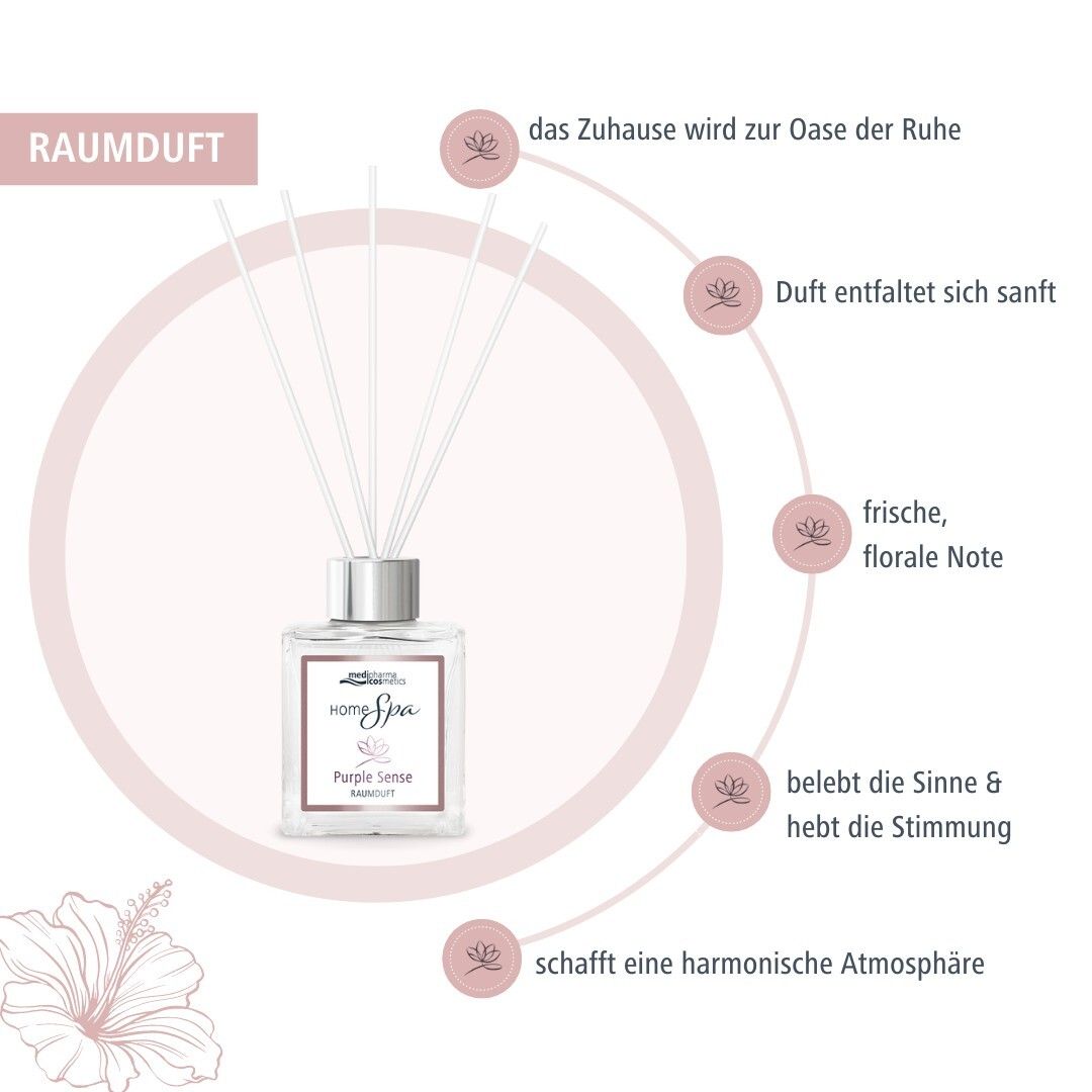 Diffuseur d'ambiance avec bâtonnets. Flacon avec bouchon argenté et étiquette blanche. Texte avec avantages et éléments floraux.