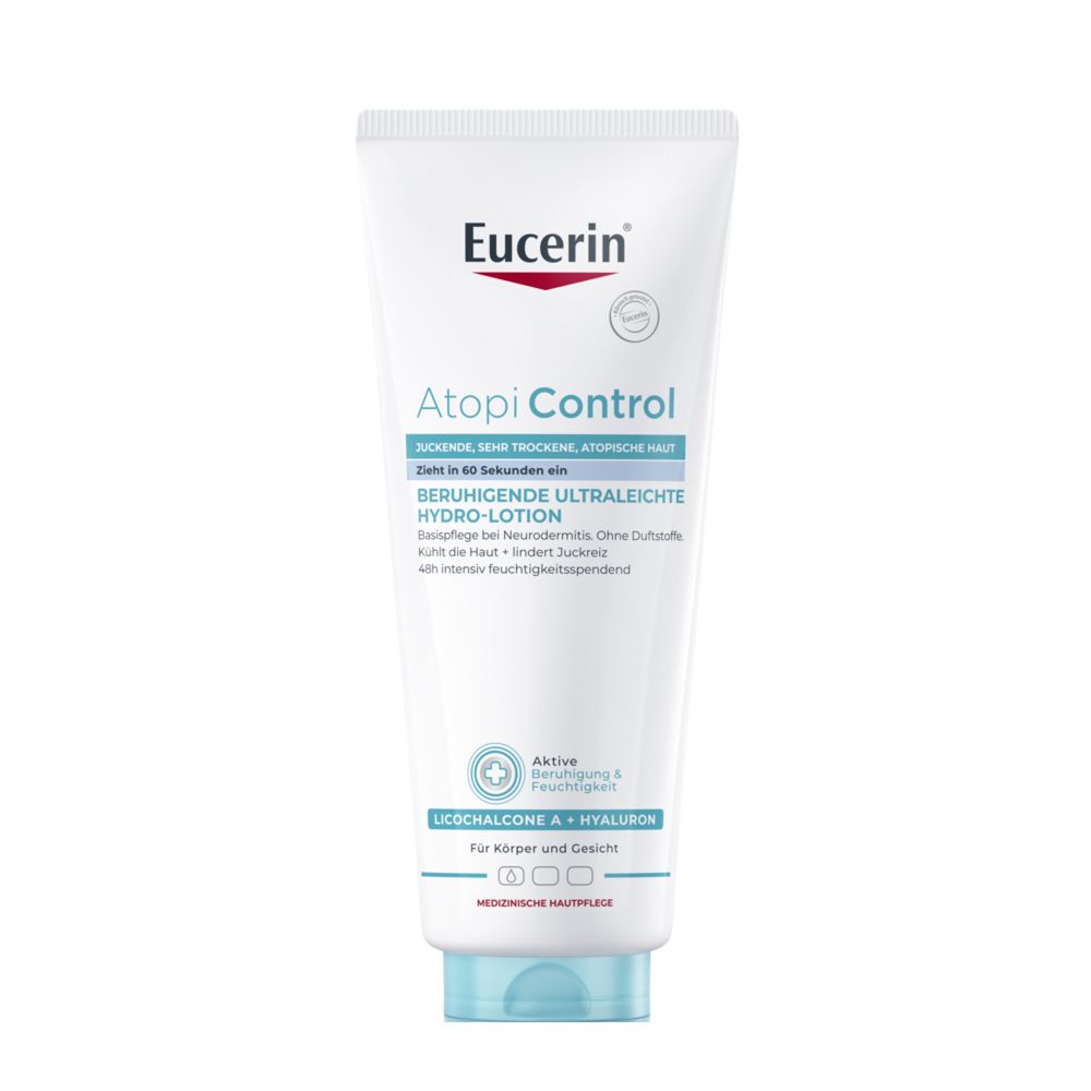 Eucerin AtopiControl Hydro-Lotion Tube. Weiße Tube mit blauem Verschluss. Produktname und Logo sichtbar.