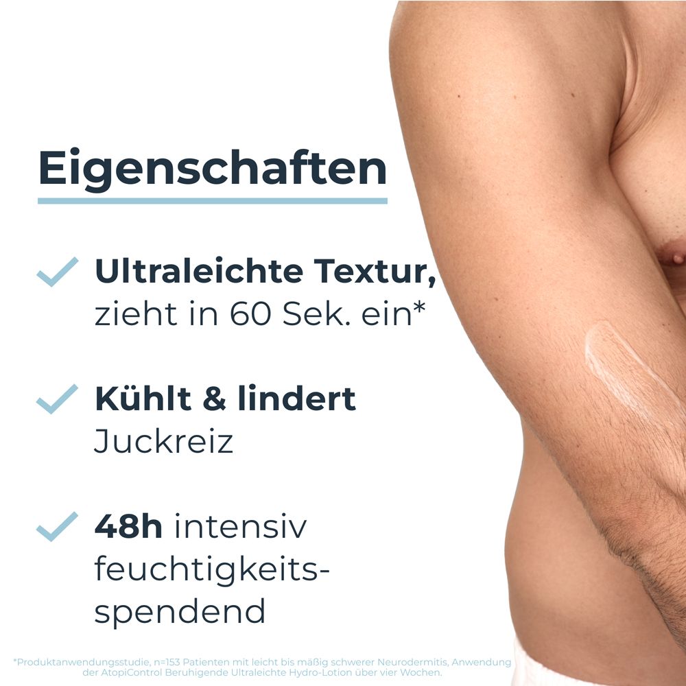 Eigenschaften der Hydro-Lotion. Text, der ultraleichte Textur, schnelle Absorption und Feuchtigkeit beschreibt.