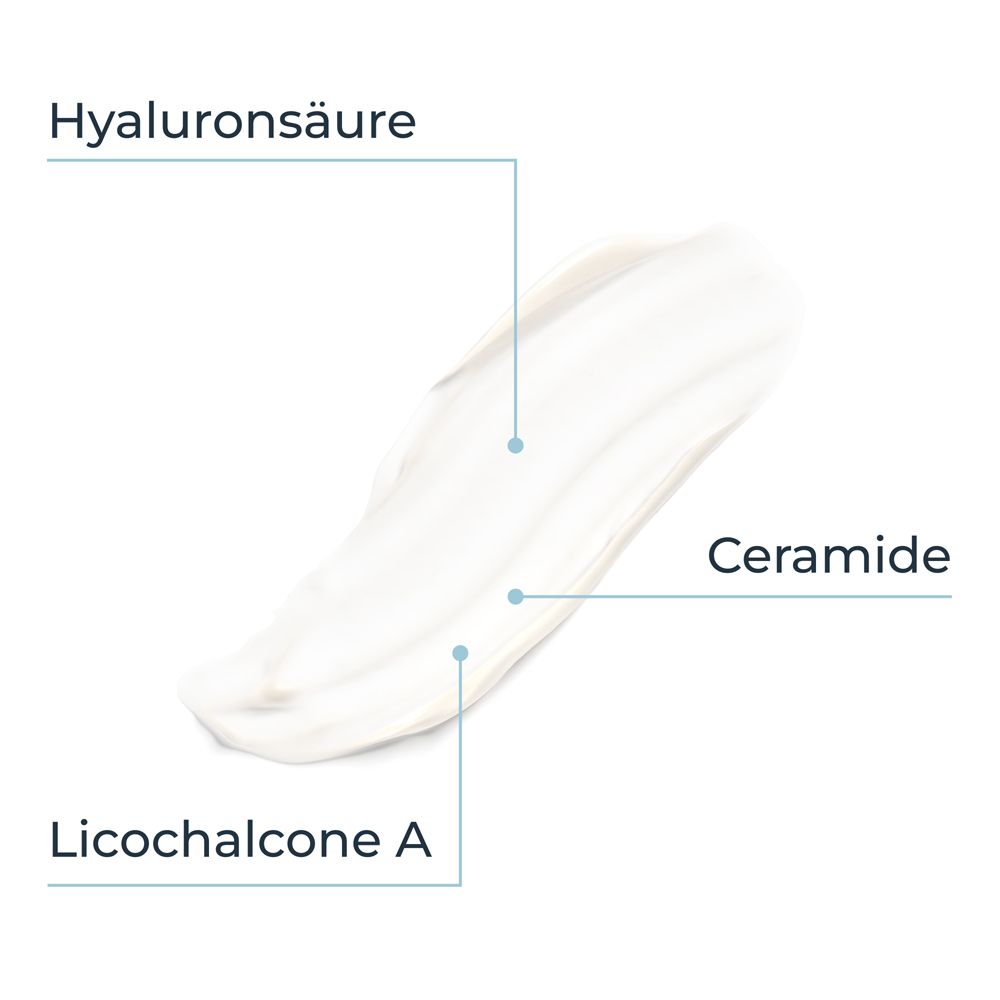 Nahaufnahme der Inhaltsstoffe der Hydro-Lotion. Hyaluronsäure, Ceramide und Licochalcone A.