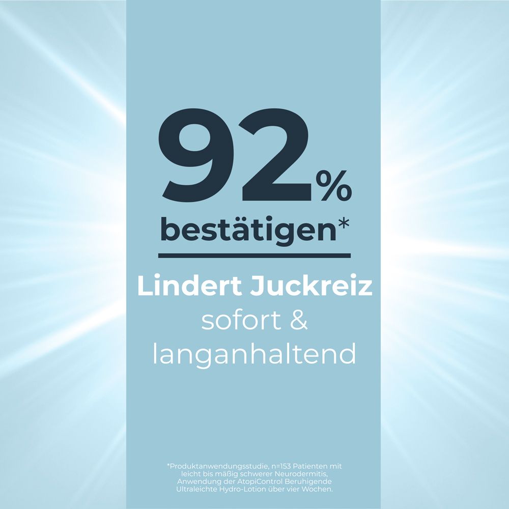 Text: 92% bestätigen, lindert Juckreiz sofort & langanhaltend. Hintergrund: blau mit Lichteffekten.