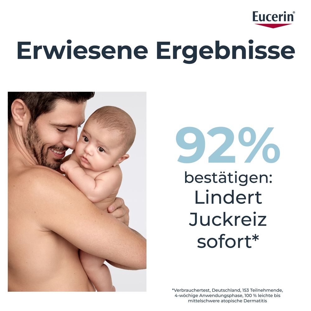 Vater hält Baby. 92% bestätigen: Lindert Juckreiz sofort. Eucerin.