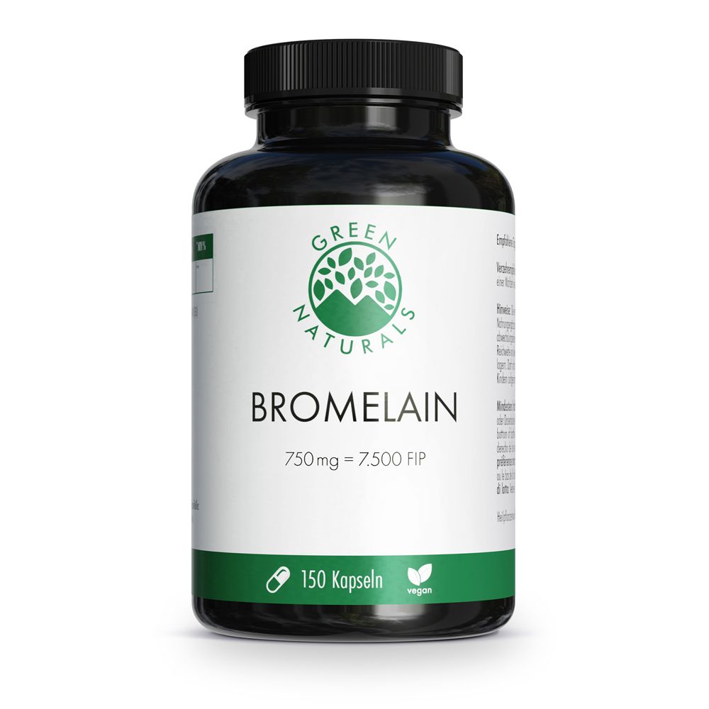 Grüne Naturals Bromelain-Kapseln. Schwarze Flasche mit weißem Etikett. Text: Bromelain 750 mg, 150 Kapseln, vegan.