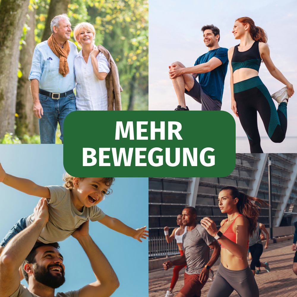Collage von Menschen in Bewegung. Text: Mehr Bewegung.