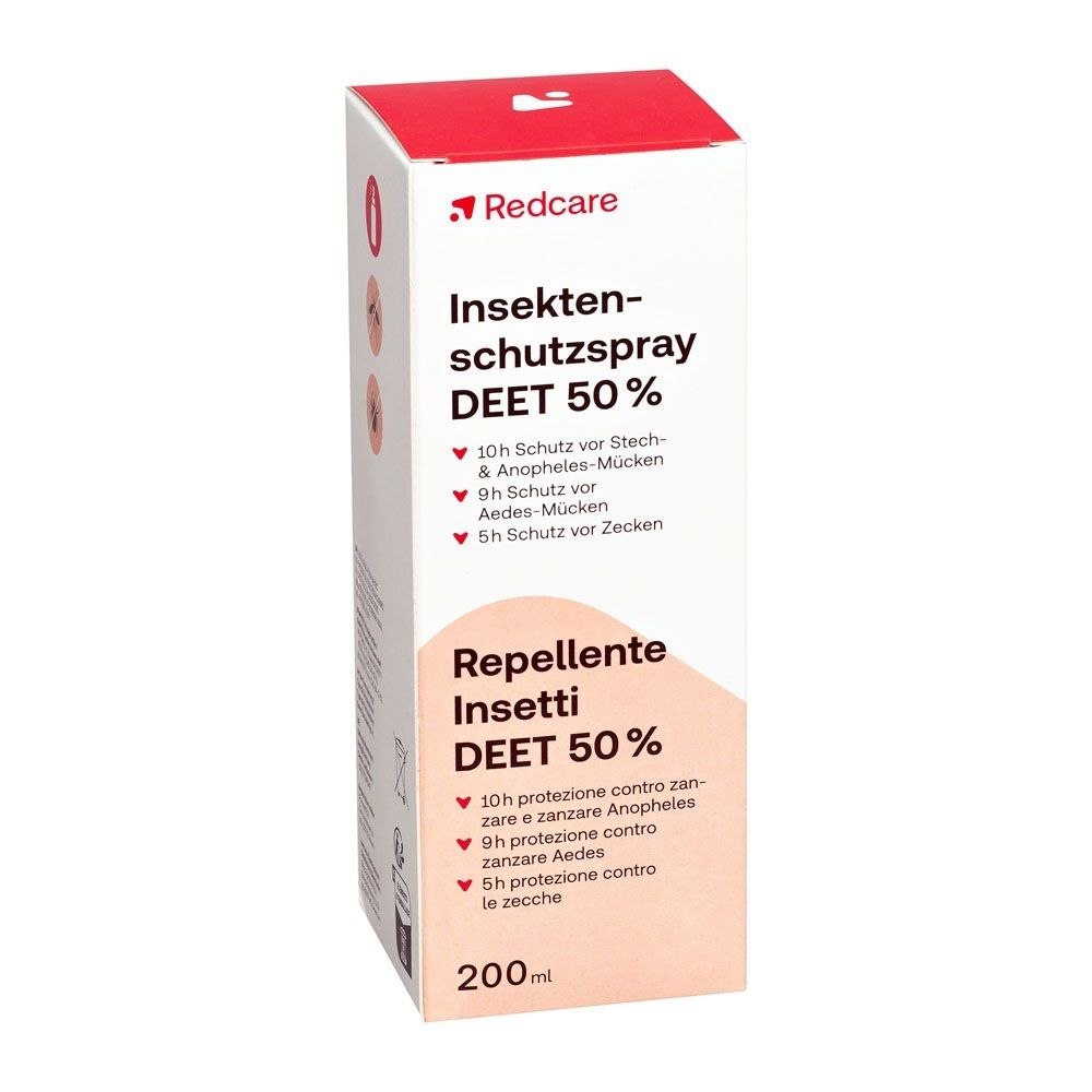 Boîte Redcare Spray Répulsif DEET 50%, face avant.