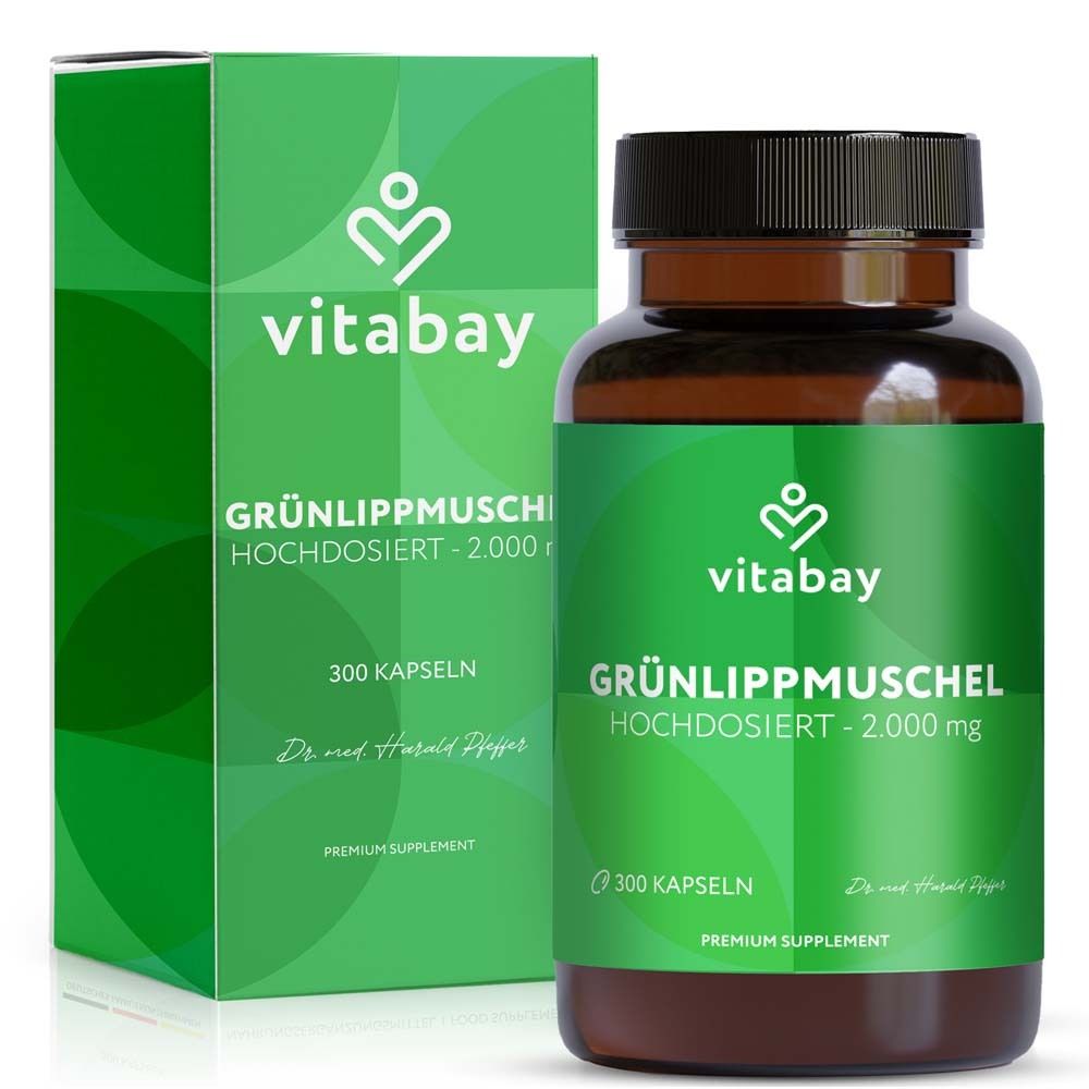 Grüne Verpackung und Flasche mit Produktinformationen. Vitabay-Logo. Kapseln mit Grünlippmuschel. 300 Kapseln.