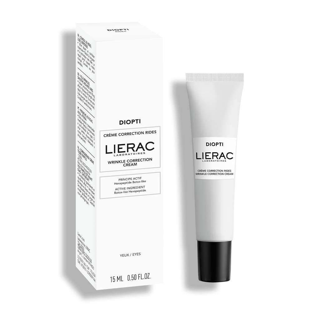 Emballage blanc et tube. Inscription DIOPTI, LIERAC, Crème Correction Rides. 15 ml.