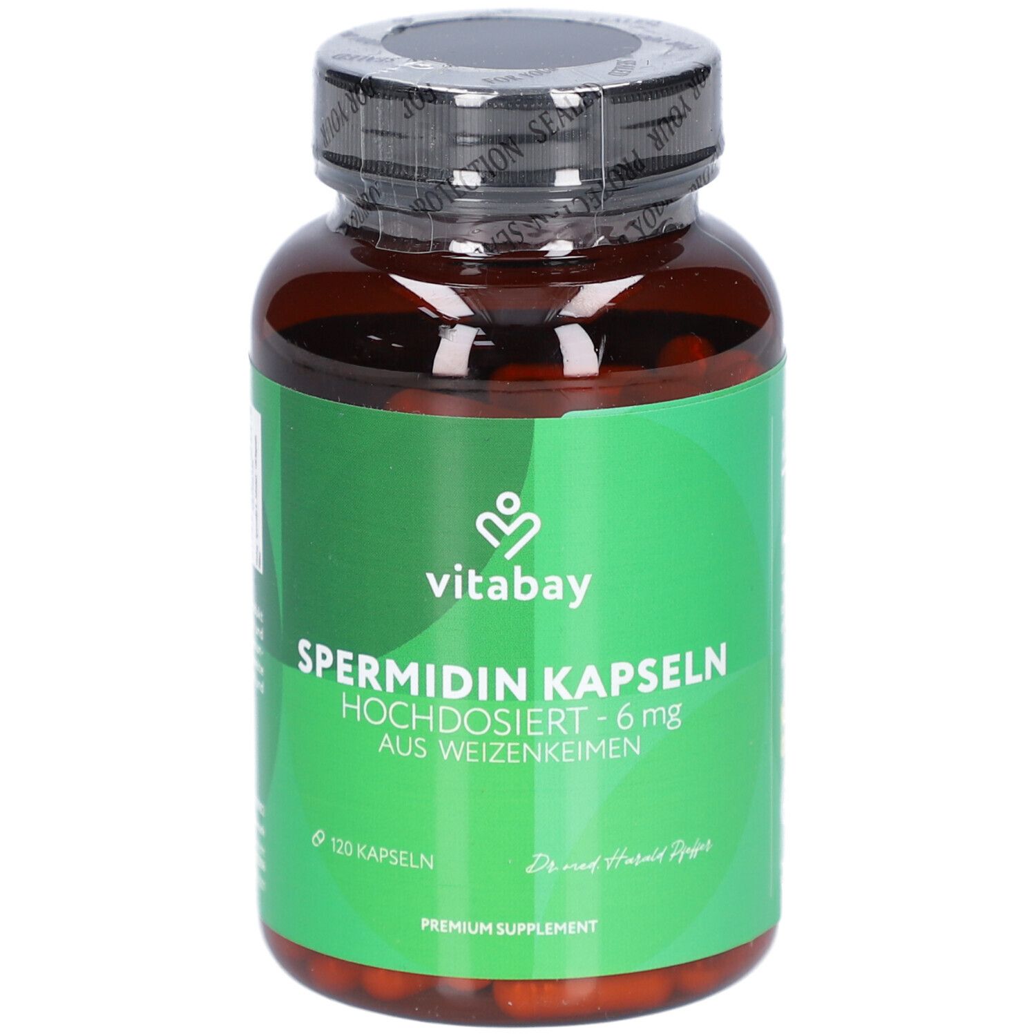 Braune Flasche mit grüner Banderole. Aufschrift: Vitabay Spermidin Kapseln 6 mg. 120 Kapseln.