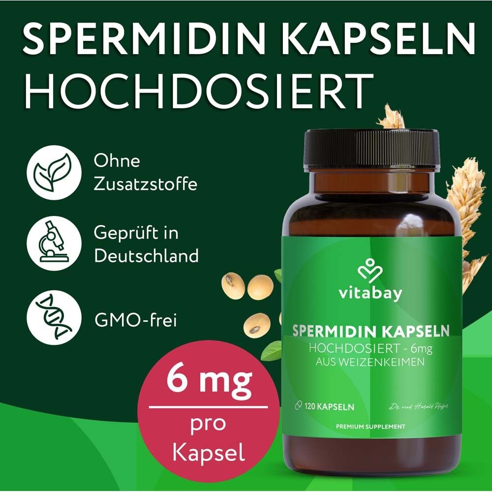 Braune Flasche mit Spermidin Kapseln. Text: 6 mg pro Kapsel. Ohne Zusatzstoffe, GMO-frei, geprüft in Deutschland.