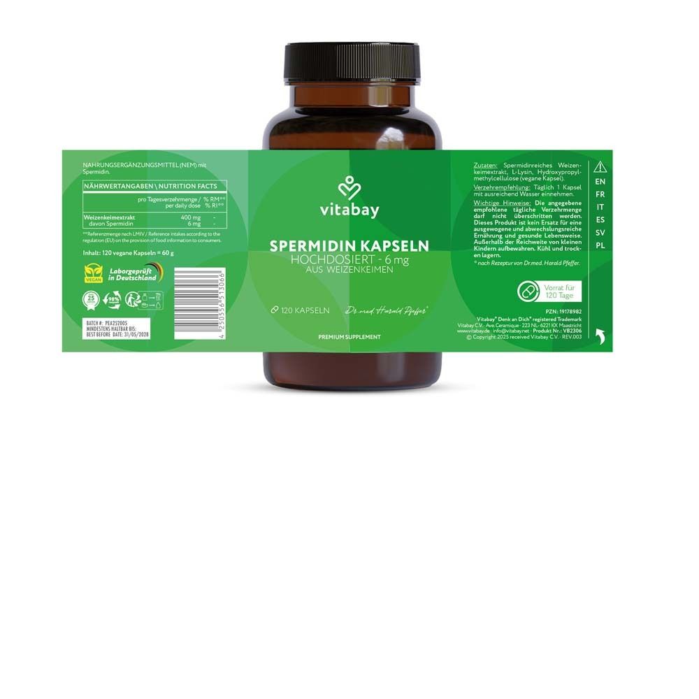Braune Flasche mit grüner Banderole. Aufschrift: Vitabay Spermidin Kapseln 6 mg. 120 Kapseln. Rückseite mit Informationen.