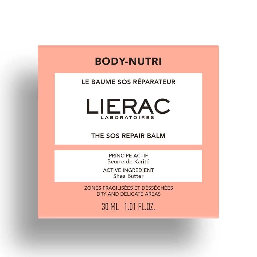 Emballage rose avec étiquette blanche. Texte : BODY-NUTRI, LIERAC, LE BAUME SOS RÉPARATEUR, THE SOS REPAIR BALM. Ingrédients et volume.