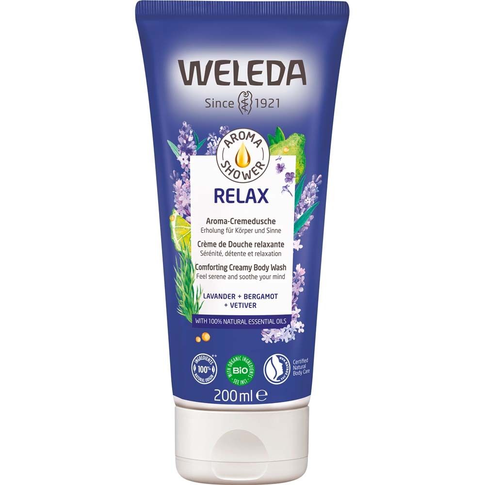 Tube mit Aroma-Cremedusche. Blaues Etikett mit Lavendel-Motiv. Marke WELEDA. 200ml.