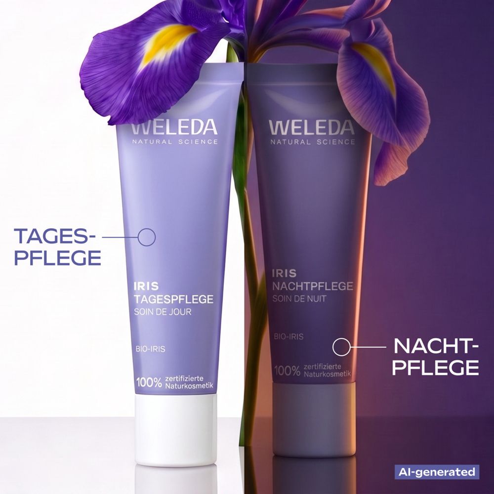 Zwei Weleda-Tuben, lila und dunkelviolett, mit Schwertlilien. Text: Tagespflege, Nachtpflege.