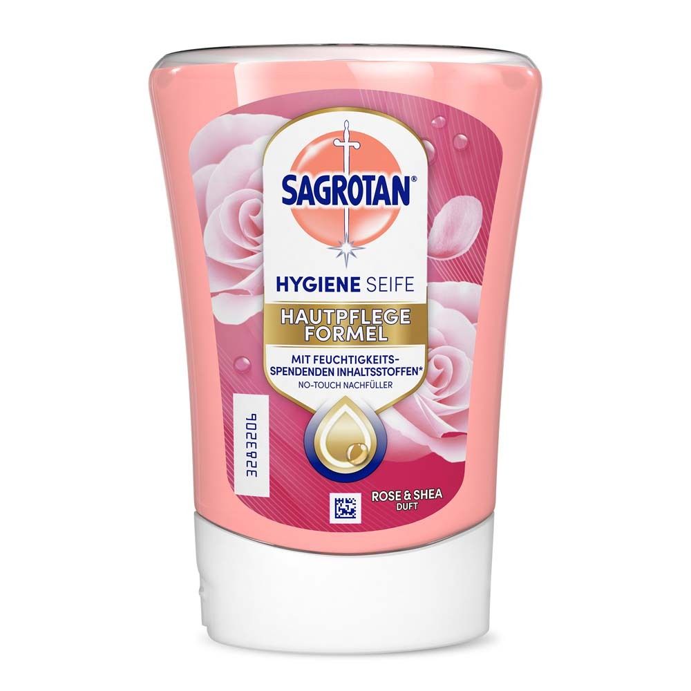SAGROTAN® Hygiene Seife Nachfüller. Rosa Flüssigseife mit Rosen- und Sheaduft. Hauptpflege Formel.