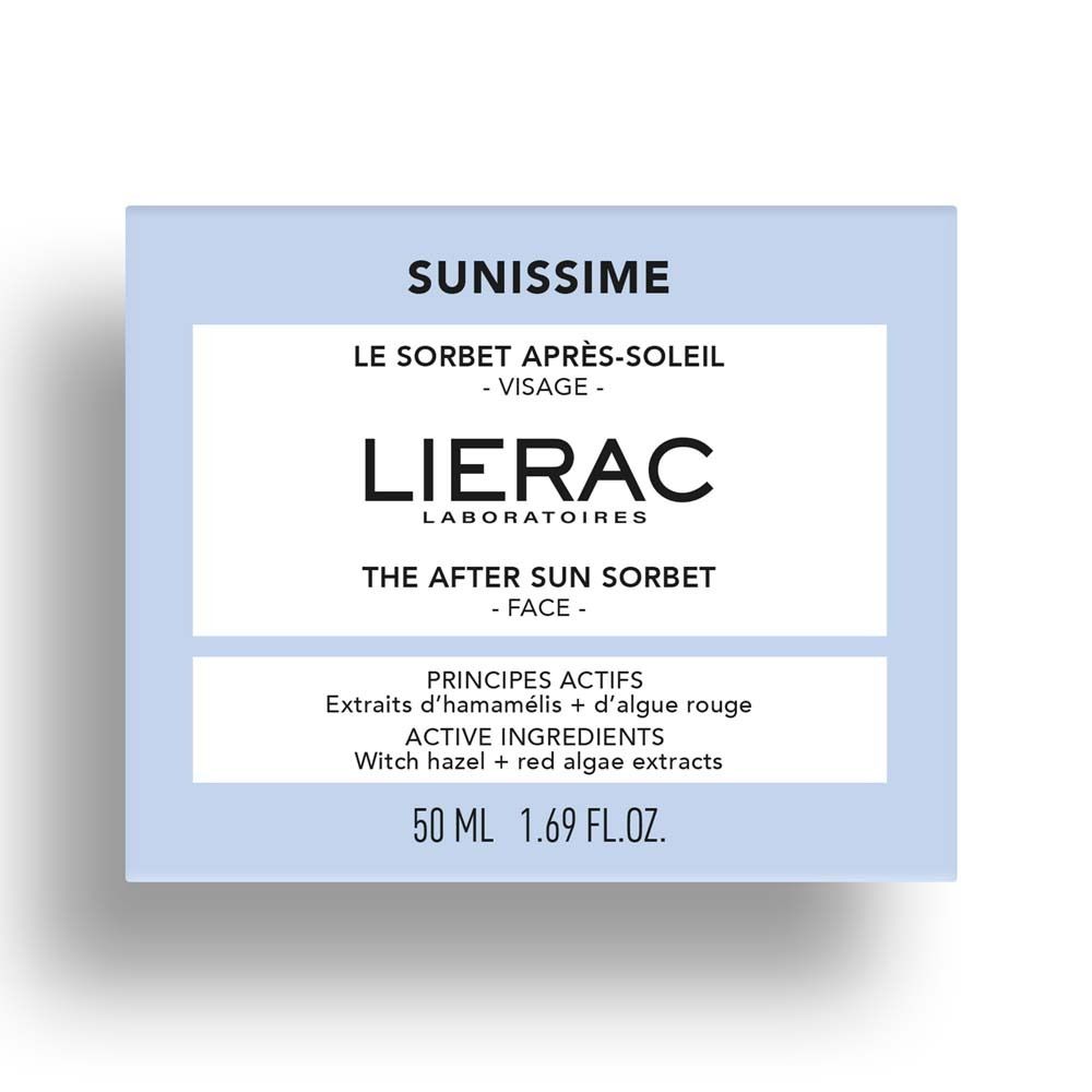 Emballage bleu clair avec inscription: SUNISSIME, LIERAC, LE SORBET APRÈS-SOLEIL - VISAGE - FACE. Contient 50 ML.