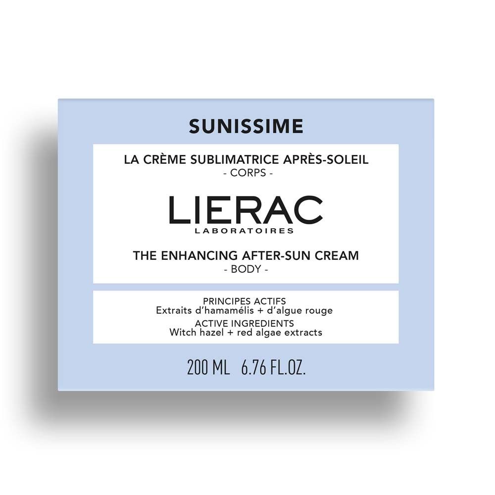 Emballage produit bleu avec texte blanc. Inscription : Sunissime, LIERAC. Contient des informations sur les ingrédients.