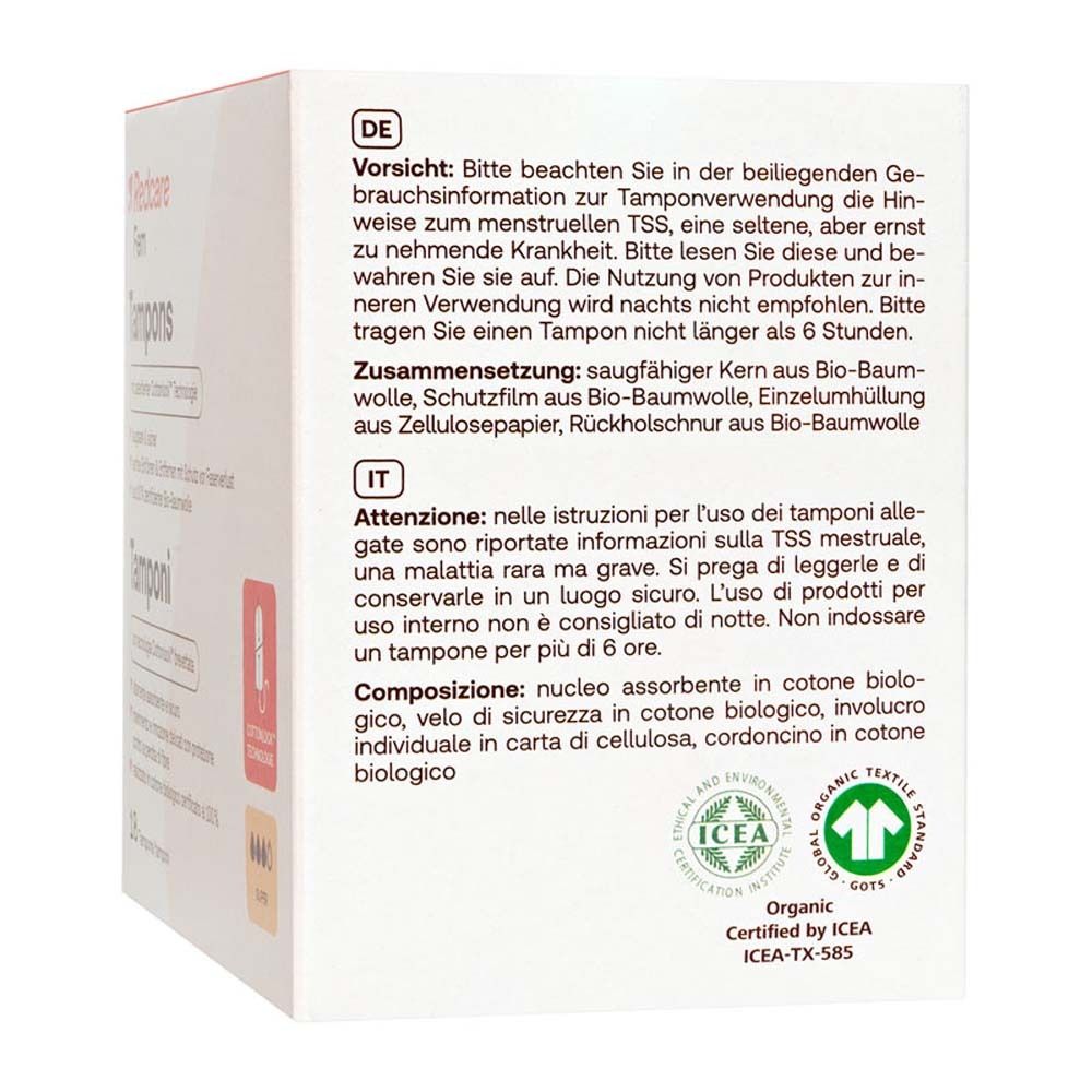 Rückseite der Verpackung von Redcare Fem Tampons. Text in Deutsch und Italienisch. ICEA-Zertifizierung.